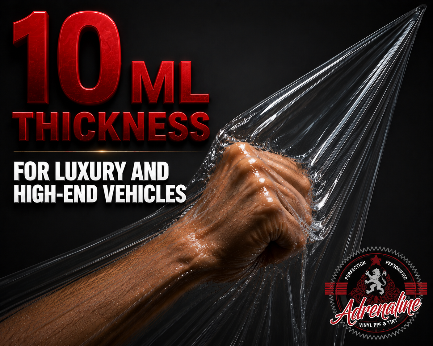 A fist pushing into 10 MIL Adrenaline PPF demonstrating extreme stretch and impact resistance for luxury and high-end vehicles